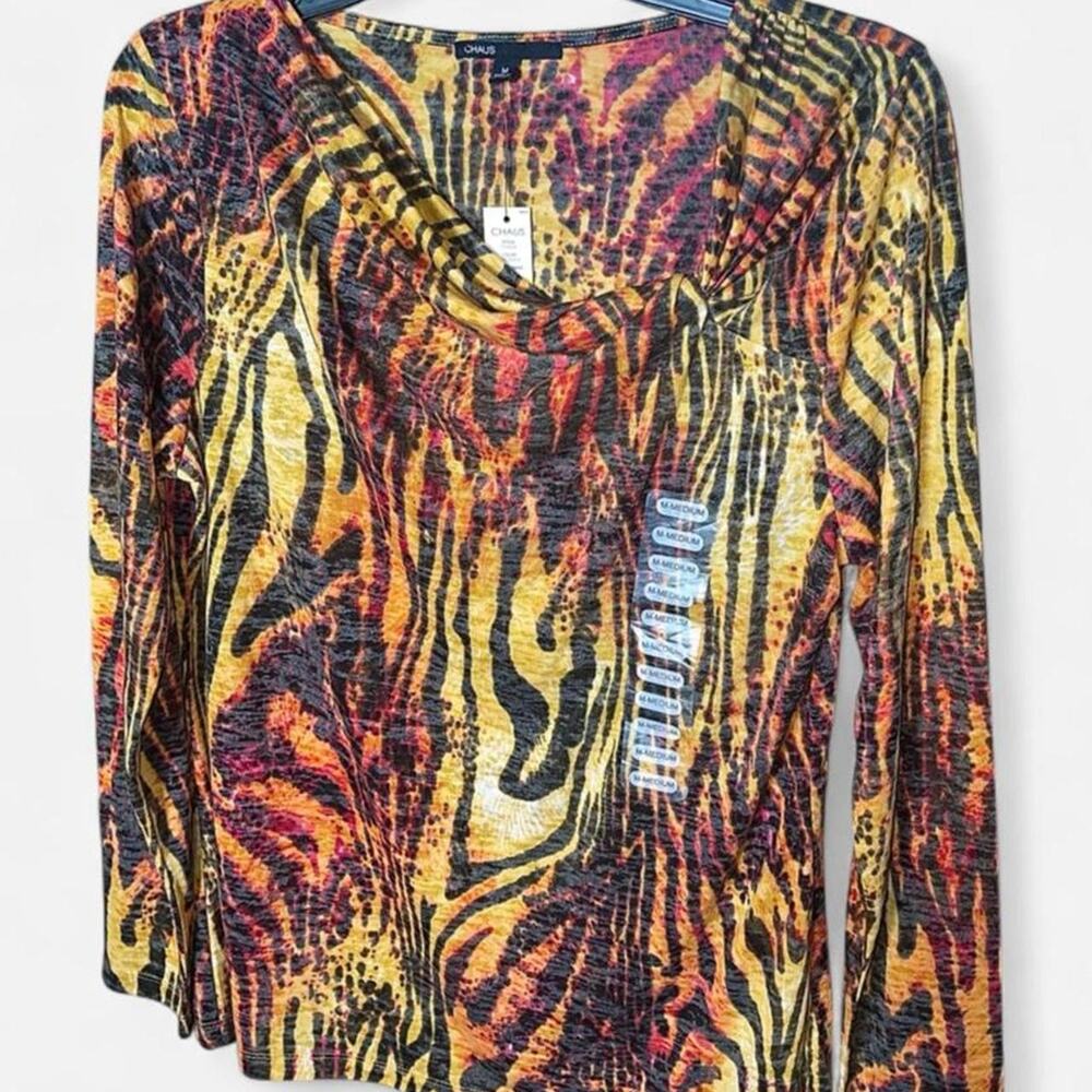 Chaus Yellow Orange Zebra Tiger Print Cowl Neck Long Sleeve Top NWT – Size M - Picture 3 of 8